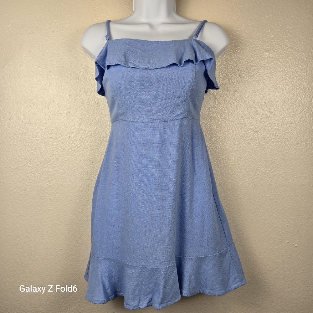 GB Blue Linen Blend‎ Cold Shoulder Ruffle Sundress Flared Hem Cotton Lined XS